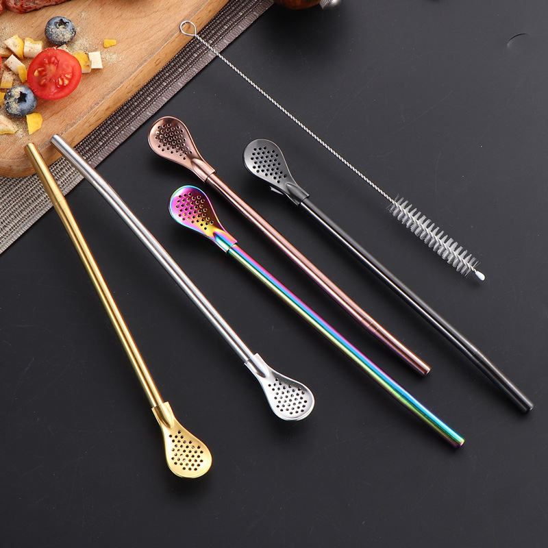Cuchara de paja de acero inoxidable 304 doble propósito desmontable filtrado café té de leche cuchara de paja artefacto medioambiental