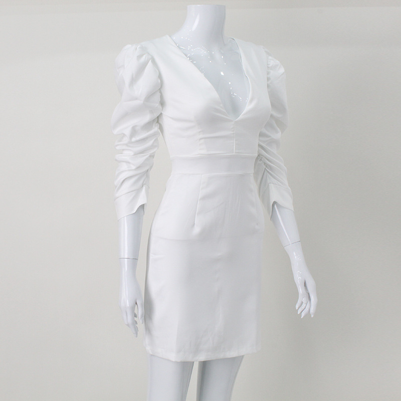 Spring Arrival White Short Sleeve Deep V Plunge Retro High Waist Backless Oversleeves Dress 6 Spring Arrival White Short Sleeve Deep V Plunge Retro High Waist Backless Oversleeves Dress