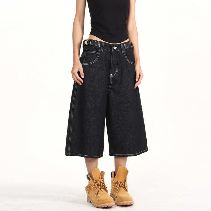 Men's American Vintage Adjustable Waist Cargo Capri Pants Unisex Baggy Denim Short Casual Streetwear Pants_viptrois.com