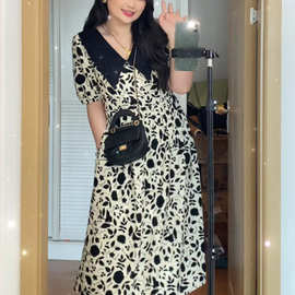 亚马逊速卖通eBay独立站翻领碎花连衣裙女港味复古遮肚显瘦小裙子