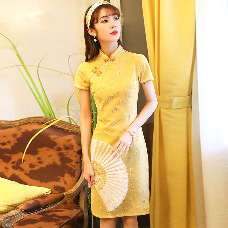 Improved edition cheongsam summer Young models girl literature Short sleeved Dress daily life student Shorty