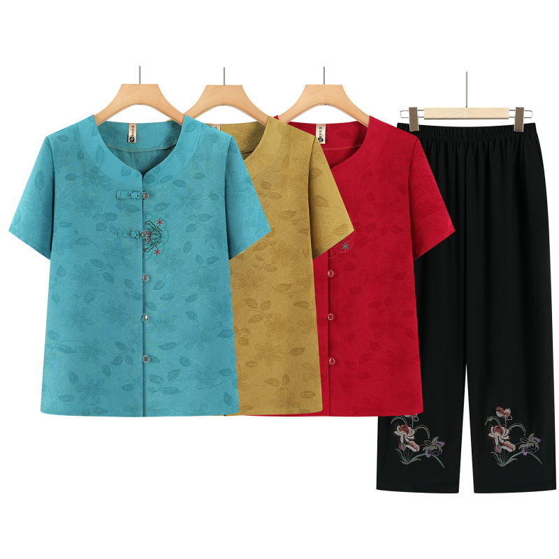 Grandma's Cardigan Shirt Set, Middle-Aged and Elderly Women's Summer Short-Sleeved Two-Piece Set, Mom's Chinese Style Blouse Outfit