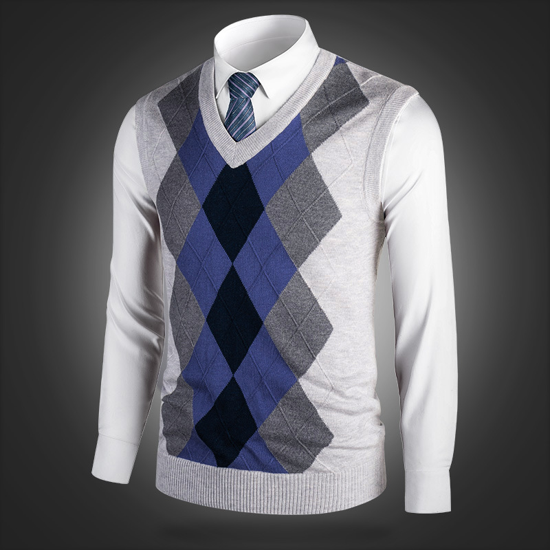 Men's wool blended V-neck knitted vest sweater color matching casual all-match sleeveless vest pullover