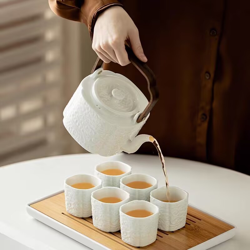 中式仿古浮雕祥云茶壶功夫茶具家用陶瓷泡茶壶复古提梁壶泡茶器单|undefined