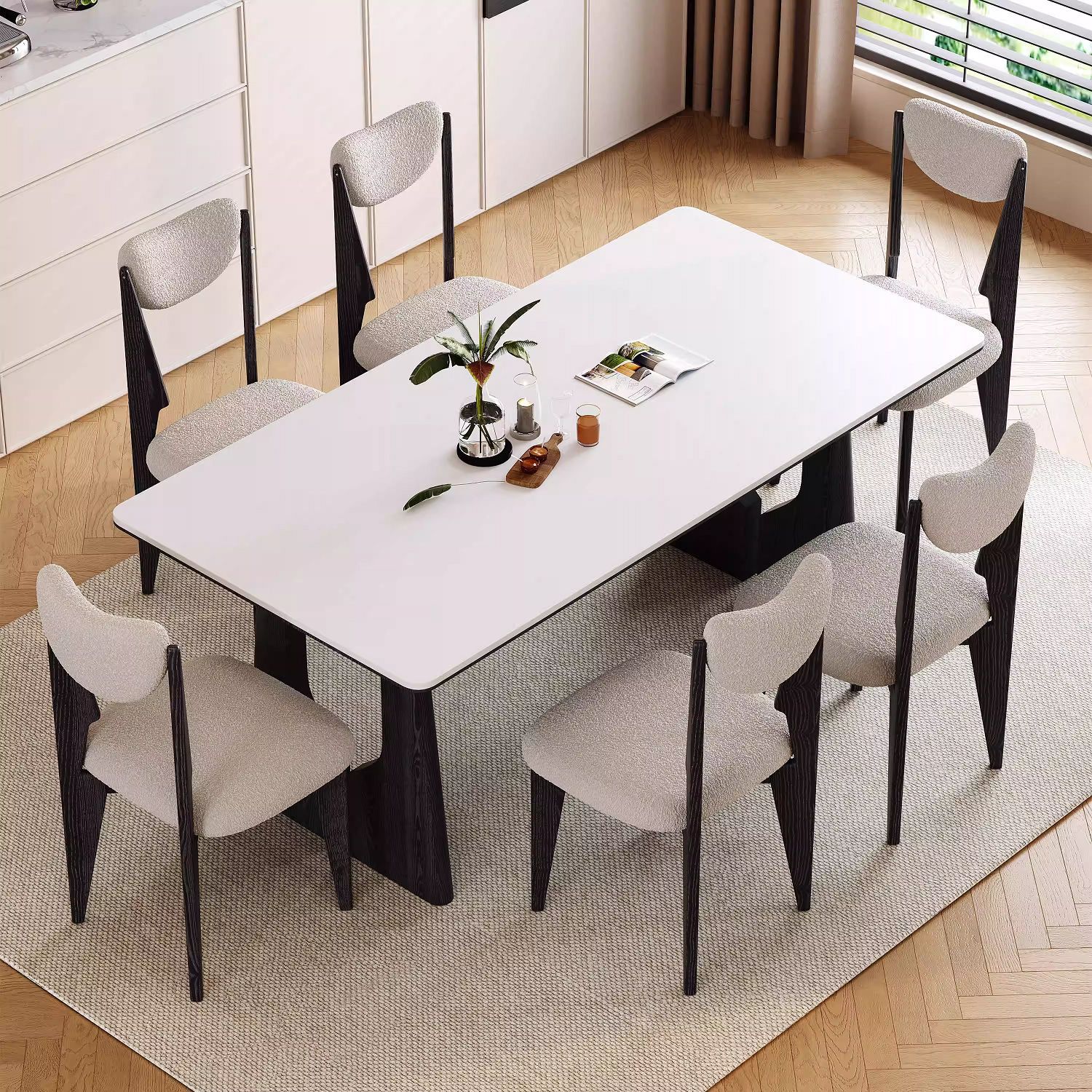 Mesa de comedor de tablero de roca blanca pura estilo medieval estilo crema estilo francés casa pequeña mesa de comedor de madera sólida combinación de mesa de comedor retro y silla