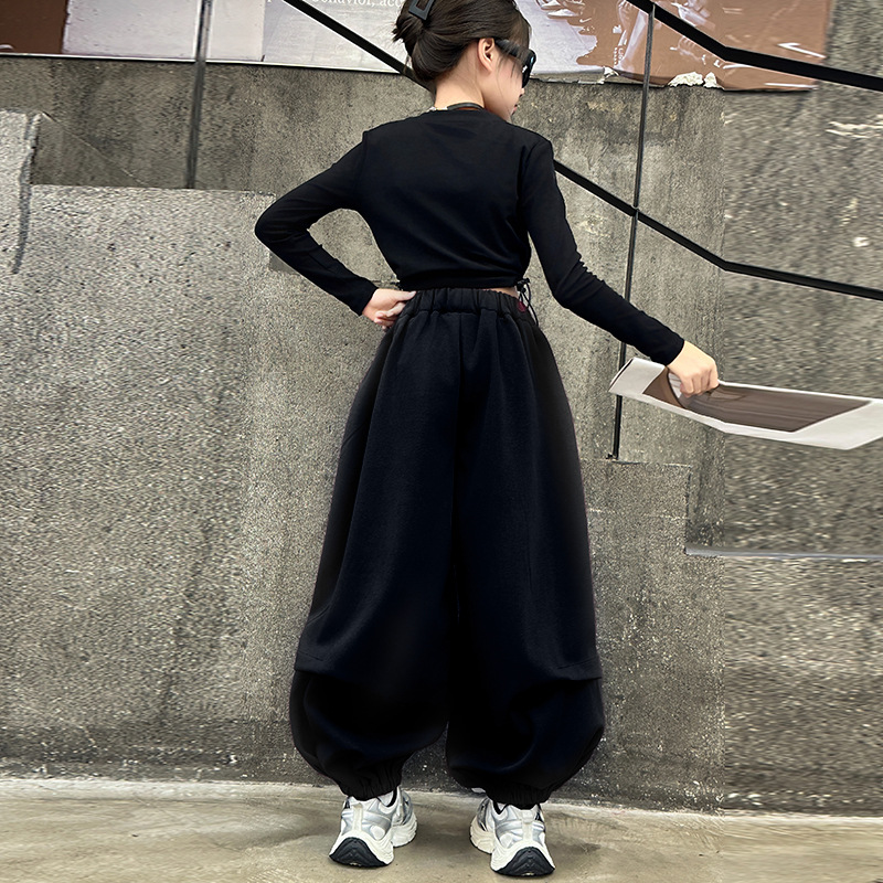 소녀 가을 패션 쿨 할란 바지 큰 아이들을위한 세련된 패션 느슨한 블루머스 어린이 거리 댄스 바지 공연 옷