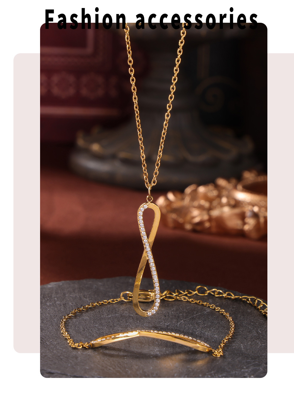 Square Sugar Jewelry Stainless Steel Zircon CNC Diamond Set 8-Character Long Necklace Bracelet Design Versatile Set_voghion.com