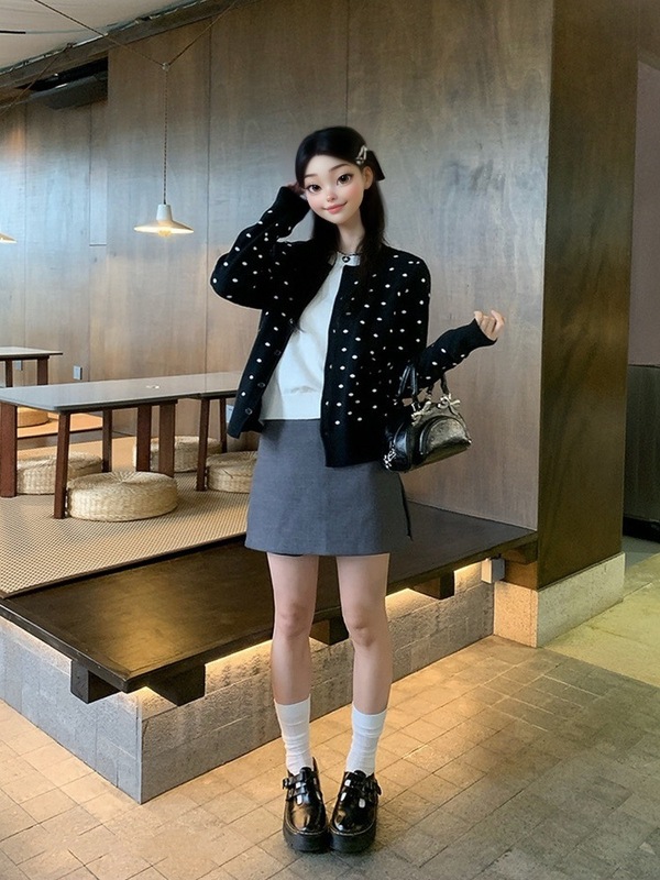 黑色波点假两件针织开衫外套女秋季韩系宽松设计感长袖上衣|undefined