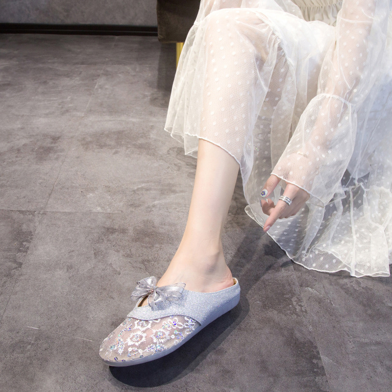 Zapatillas De Mujer Ropa De Abrigo Verano Nueva Malla Transpirable Lazo Baotou Estilo De Hada Plana Perezosa_voghion.com