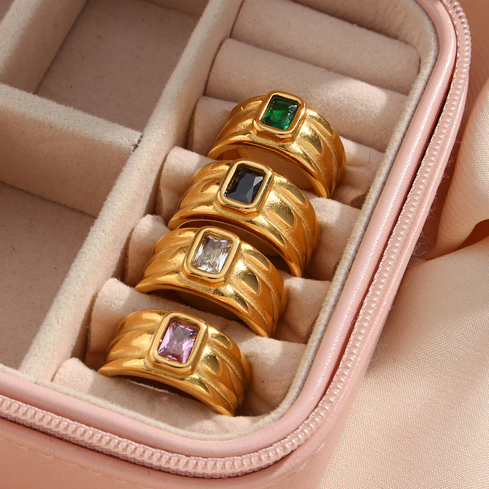 Fashion Rectangle Stainless Steel Rings Plating Zircon Stainless Steel Rings