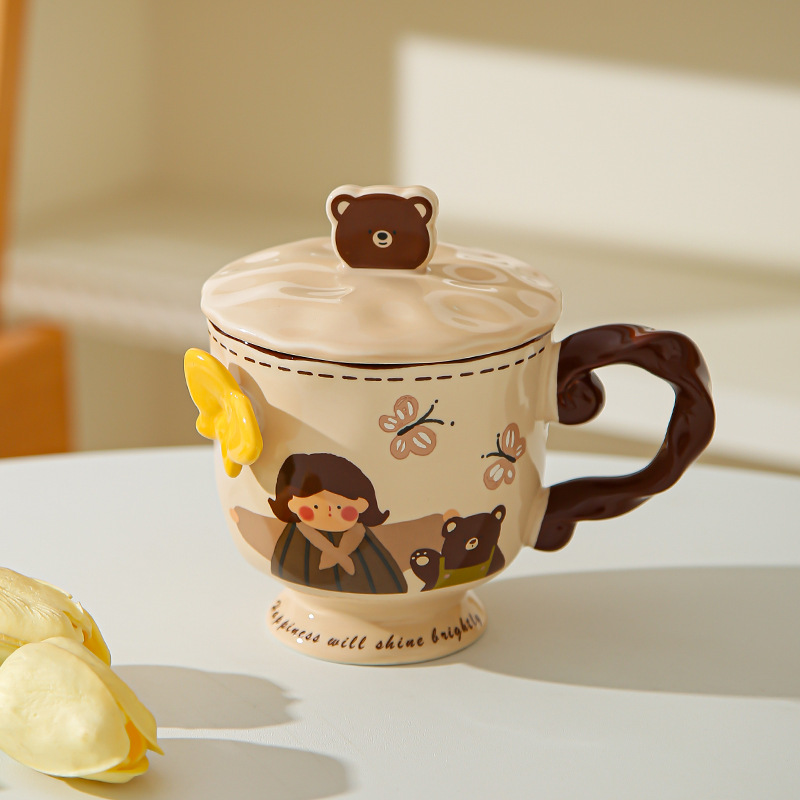 Retro chica taza de pie alto caja de regalo mariposa alta sensación de taza de cerámica con tapa de regalo de cumpleaños de chicas