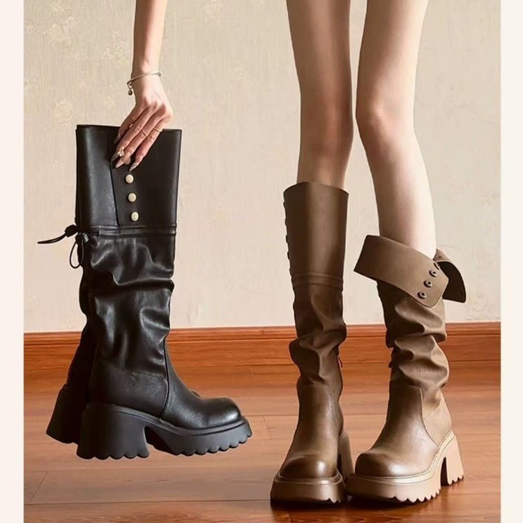 Retro brown high boots platform