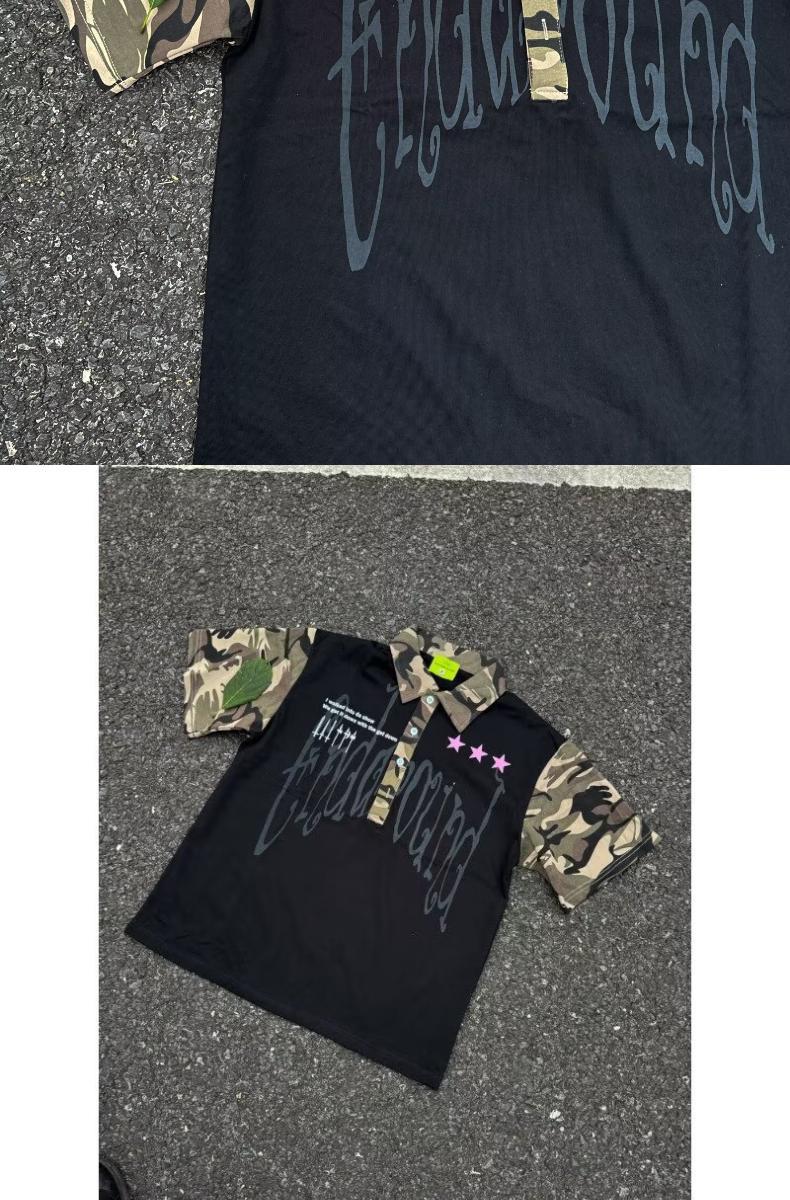 Men's Clothing Men's Hip Hop Camouflage Patchwork Collared Short Sleeve T-Shirt Trendy Streetwear Loose Fit Casual Five Quarter Sleeve For Couples_viptrois.com