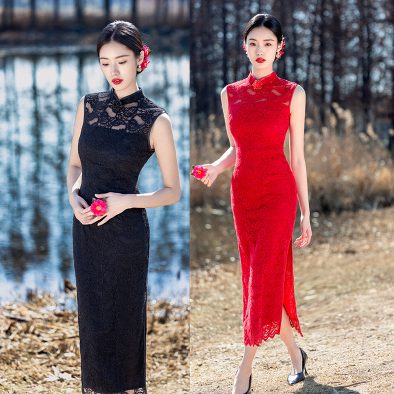 Modern Fashion Improved Traditional Chinese Long-Sleeve Lace Cheongsam 2025 Spring New Arrival Young Lady Wedding Cheongsam