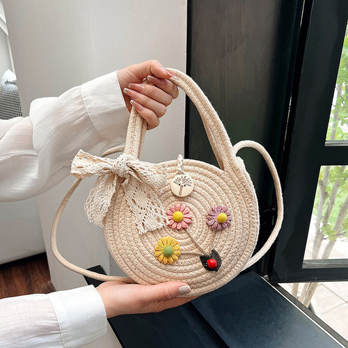 Little Round Bag Lady 2024 Single Shoulder Cotton Rope Bag Top Handle Bag Hand-held Bag Lady Cross-Body Woven Bag