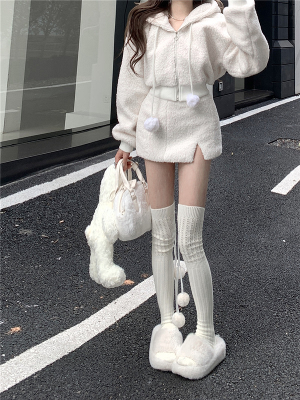 仿羊羔毛纯欲风开衫外套两件套女2025新款秋冬高腰半身裙套装短裙|undefined