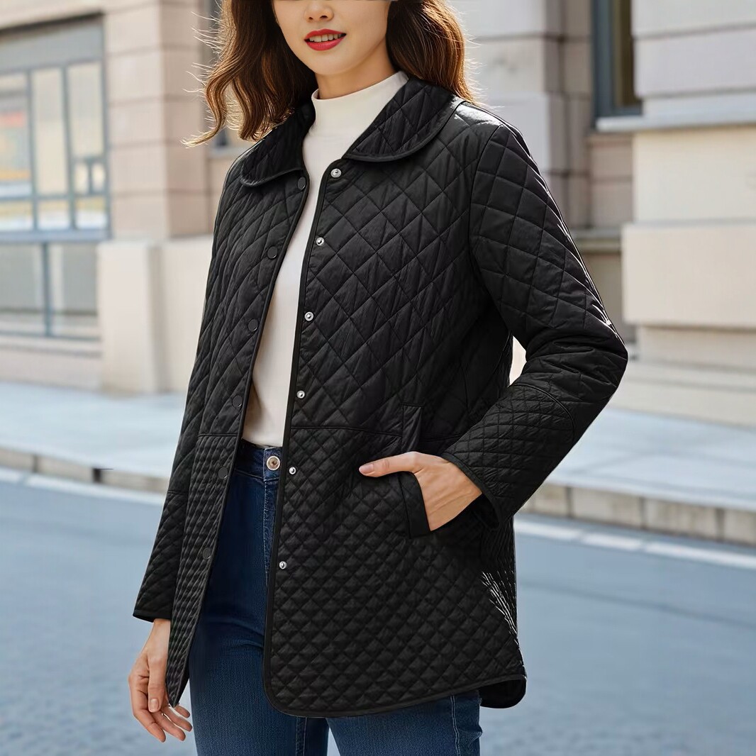 Plus-Size Cross-Border Quilted Cotton Jacket for Women, Mid-Length, New Autumn and Winter Style, Warm Turn-Down Collar Coat, Loose Fit, Versatile Solid Color Cotton Clothing