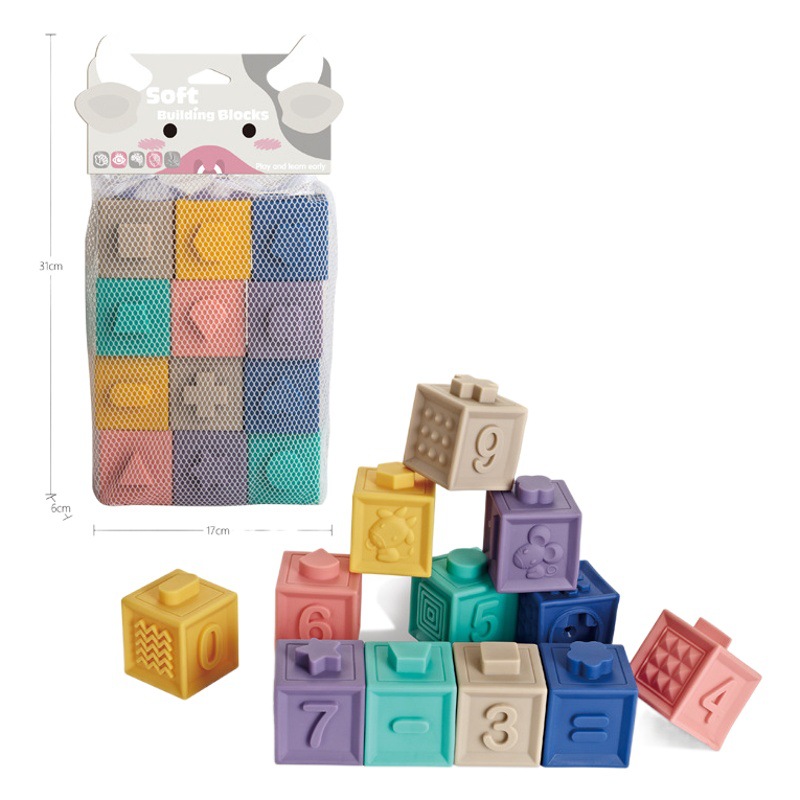Bloques de construcción de goma blanda para bebés, juguetes de educación temprana, molar los dientes, morder, bloques de construcción de partículas grandes de silicona hervida, rompecabezas y comodidad