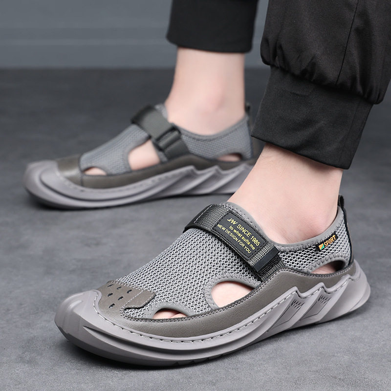 Dép sandal nam quai ngang kiểu La Mã bao đầu, thân lưới thoáng khí, đế cao su — 5512 dép sandal màu xám, 5512 dép sandal đen