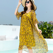 两件套 新款杭州印花真丝连衣裙桑蚕丝中长款碎花宽松大码a字裙