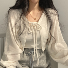 韩国2023年夏季小众复古百搭设计感绑带灯笼袖短款薄款开衫外套女