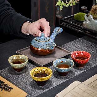 Wholesale Kiln-Glazed Side-Handle Teapot Four-Color Cup Kung Fu Tea Set Dehua Ceramic Business Personal Creative Gift for Gifting