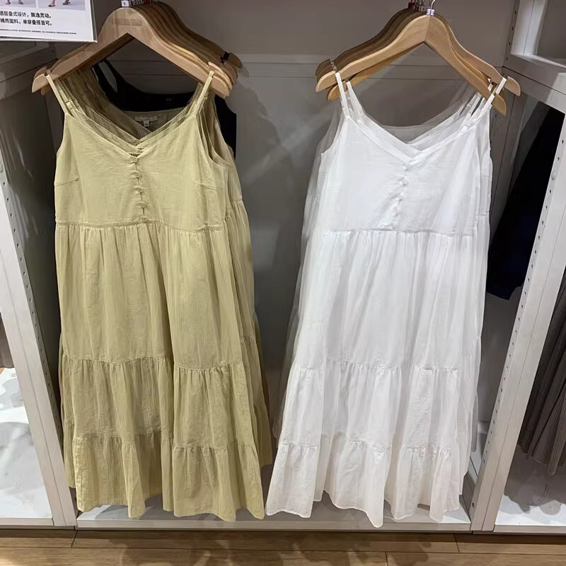 Japanese 2024 Summer New Sling dress Single-breasted Beach Fluffy Sleeveless Long Dress 466553
