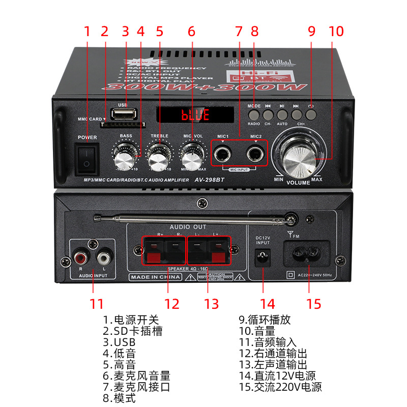 Усилитель HiFi AV-298BT вилка CN