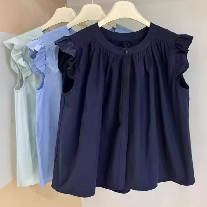 Korean Style Summer Loose Sleeveless Ruffled Top for Plus-Size Women, Slimming and Elegant, with Buttons, Suitable for Work, Solid Color Blouse