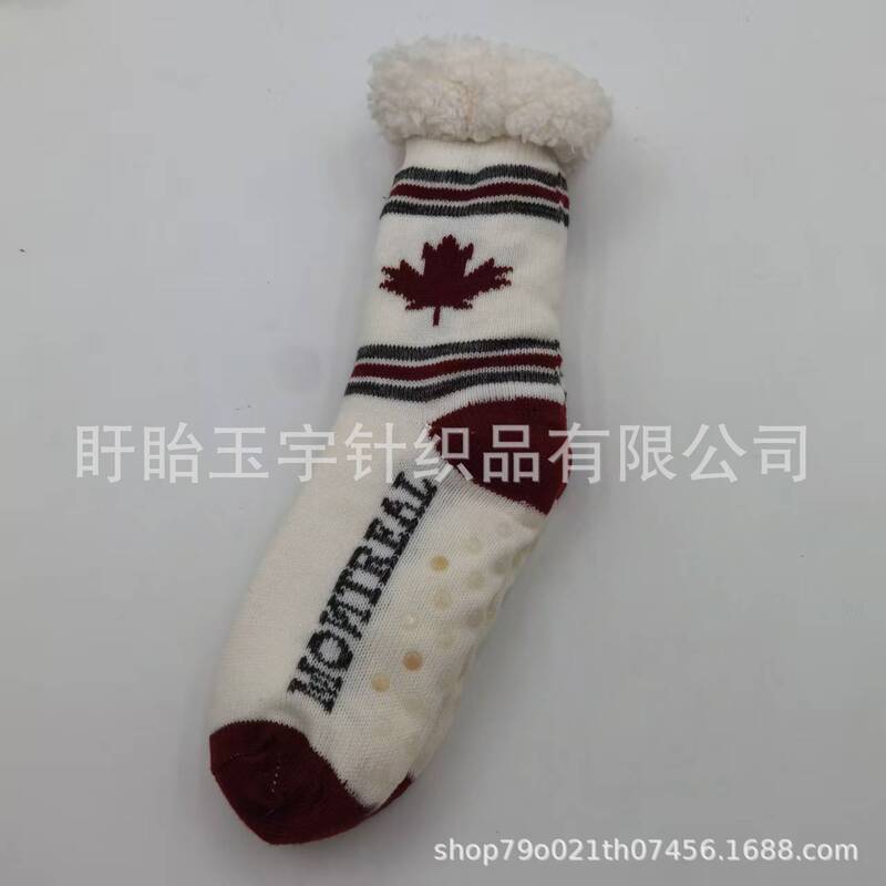 Customized Floor Socks with Maple Leaf Pattern, Jacquard Pattern Indoor Socks, Lambswool Lining, Warm Socks, Direct Supply from the Manufacturer