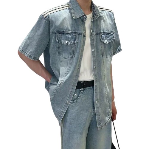 Summer Washed Distressed Denim Short Sleeve Shirt for Men American Retro Trend Loose Casual Versatile Youth T-shirt