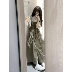 小个子复古设计感工装风收腰背带连衣裙女+短袖衬衫夏季两件套装