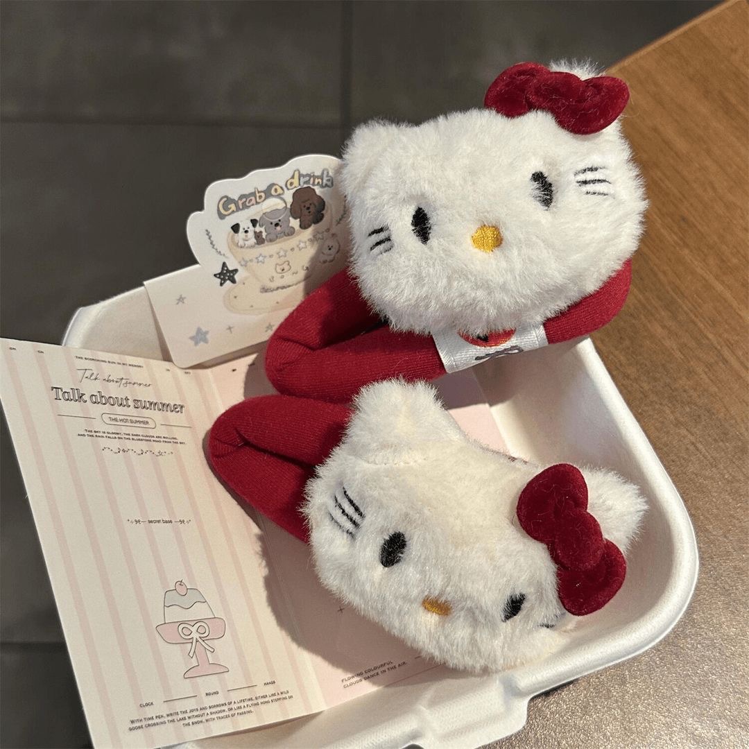 可爱毛绒KT猫发夹甜美安可拉红蝴蝶结发圈百搭少女侧边马尾发饰