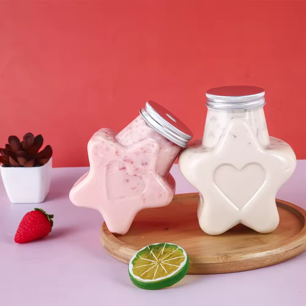 卡通星星奶茶杯一次性带盖冷饮料杯pet果汁瓶五角奶茶瓶500ml现货