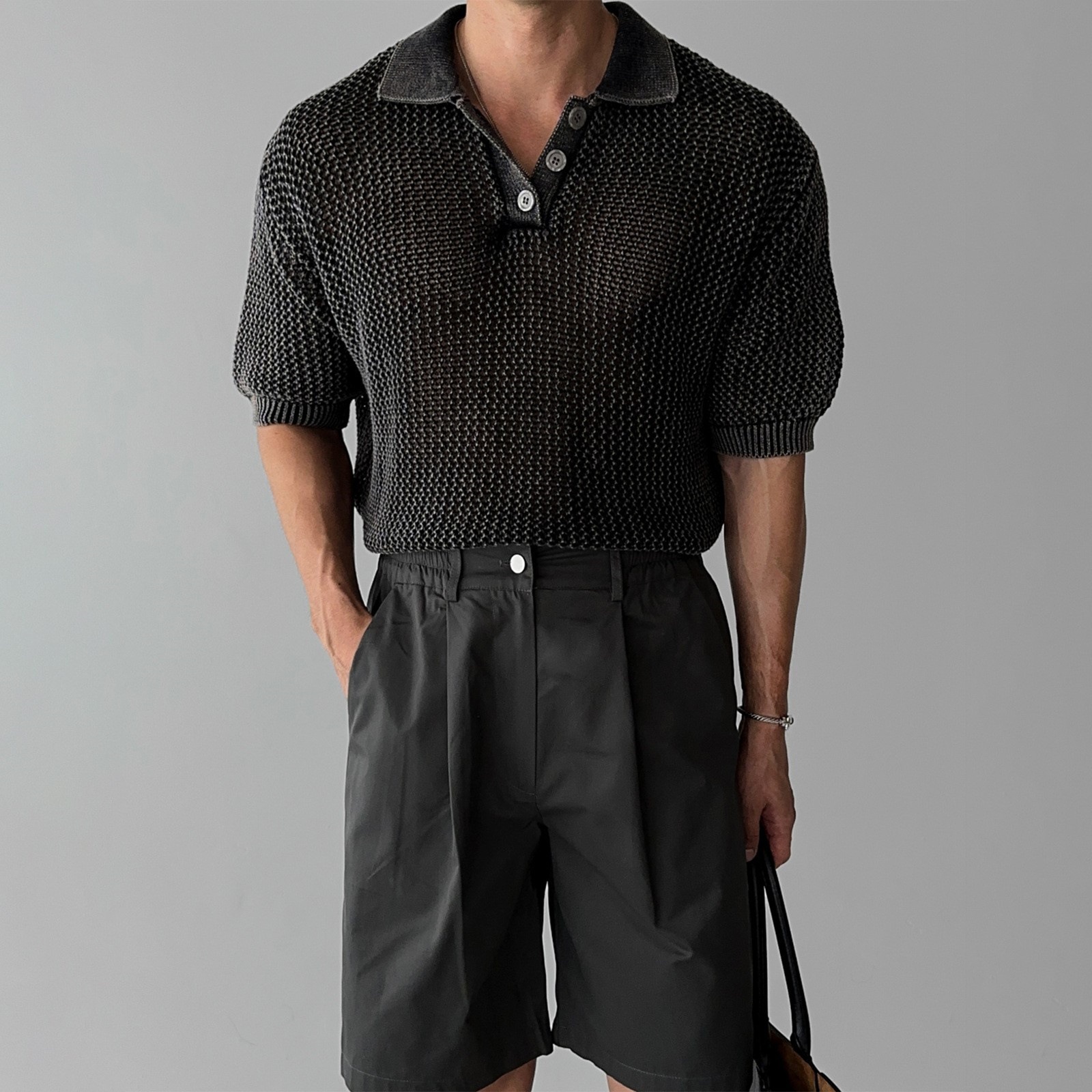 Honeycomb Cut Out Short-Sleeved Polo Shirt Men's Summer American High-End Niche Lapel Top Light and Simple T-Shirt