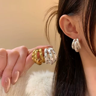 复古怀旧风波点耳圈多层耳环圆弧耳扣素圈耳饰简约通勤百搭耳饰女