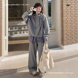 灰色假两件卫衣套装女连帽2026春秋新款慵懒松弛感休闲长裤两件套