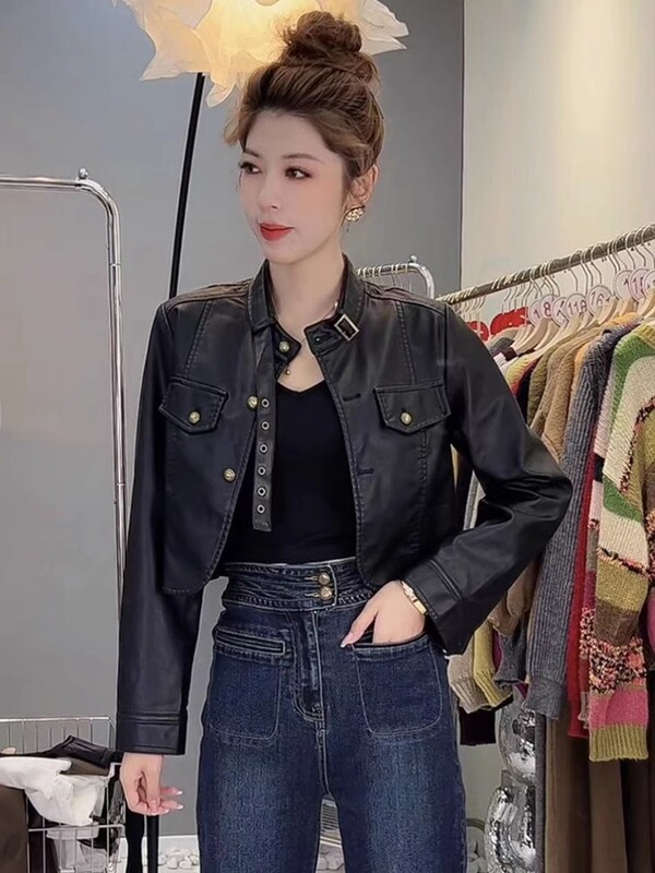2025秋冬新款立领皮衣短外套女宽松显瘦设计感小众机车风夹克上衣|undefined