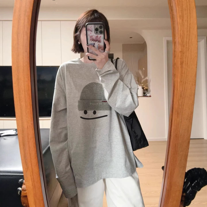 American-Style Gray Long-Sleeve T-Shirt for Women, New Spring, Autumn, and Winter Style, Loose and Lazy Fashion Brand Couple's Inner Wear Top