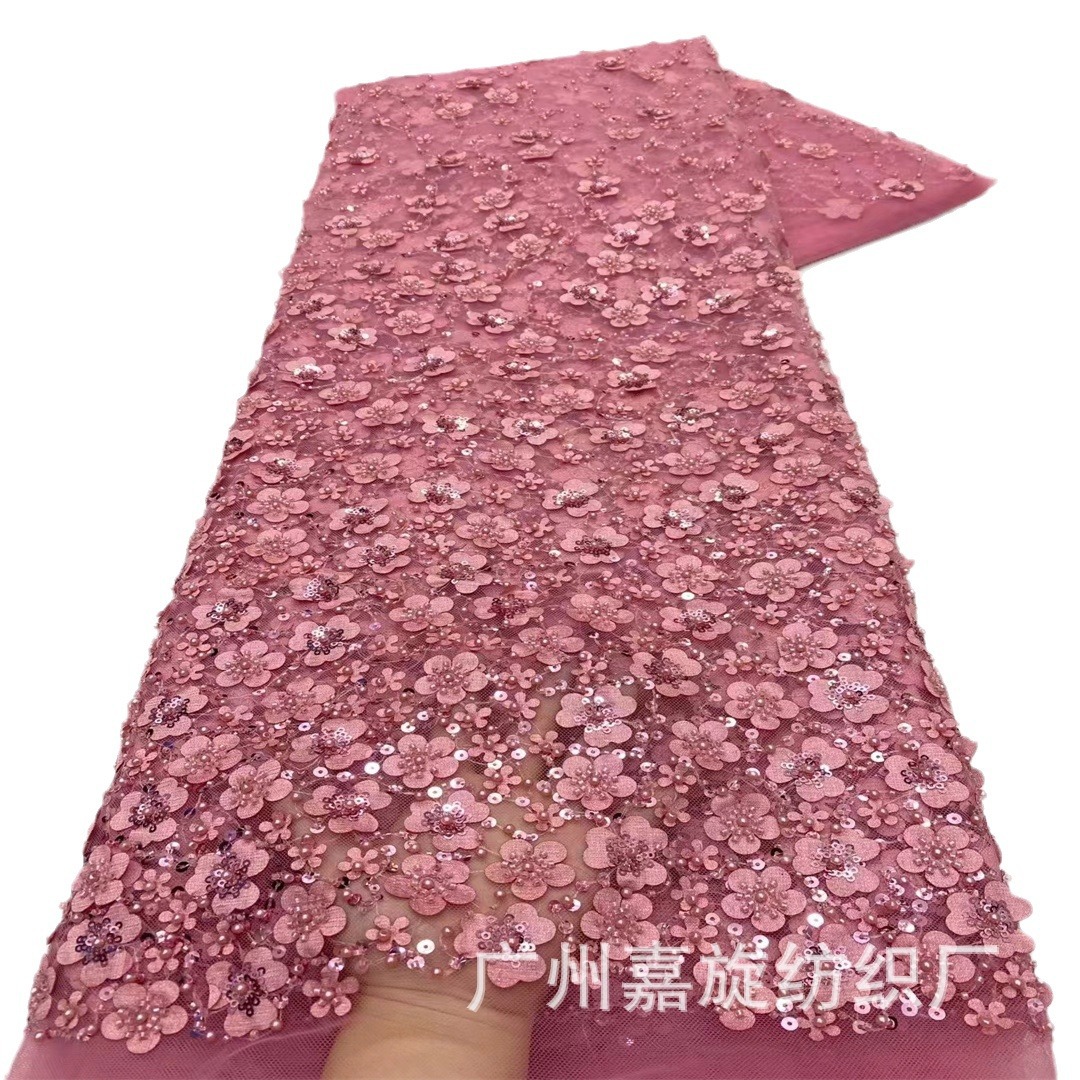 Industria pesada color degradado tubo de cuentas lentejuelas bordado vestido tela láser laminación de flores encaje ropa tela JX4373