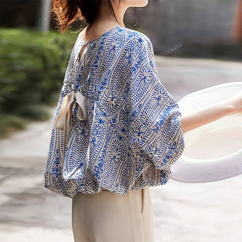 Cross-border European and American foreign trade series tie shirt 2025 summer Amazon fashion loose half sleeve turtleneck shirt women's clothing