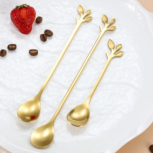 Stainless steel leaf spoon, creative fruit fork, European style gold leaf spoon, small coffee spoon, stirring spoon, dessert spoon gift