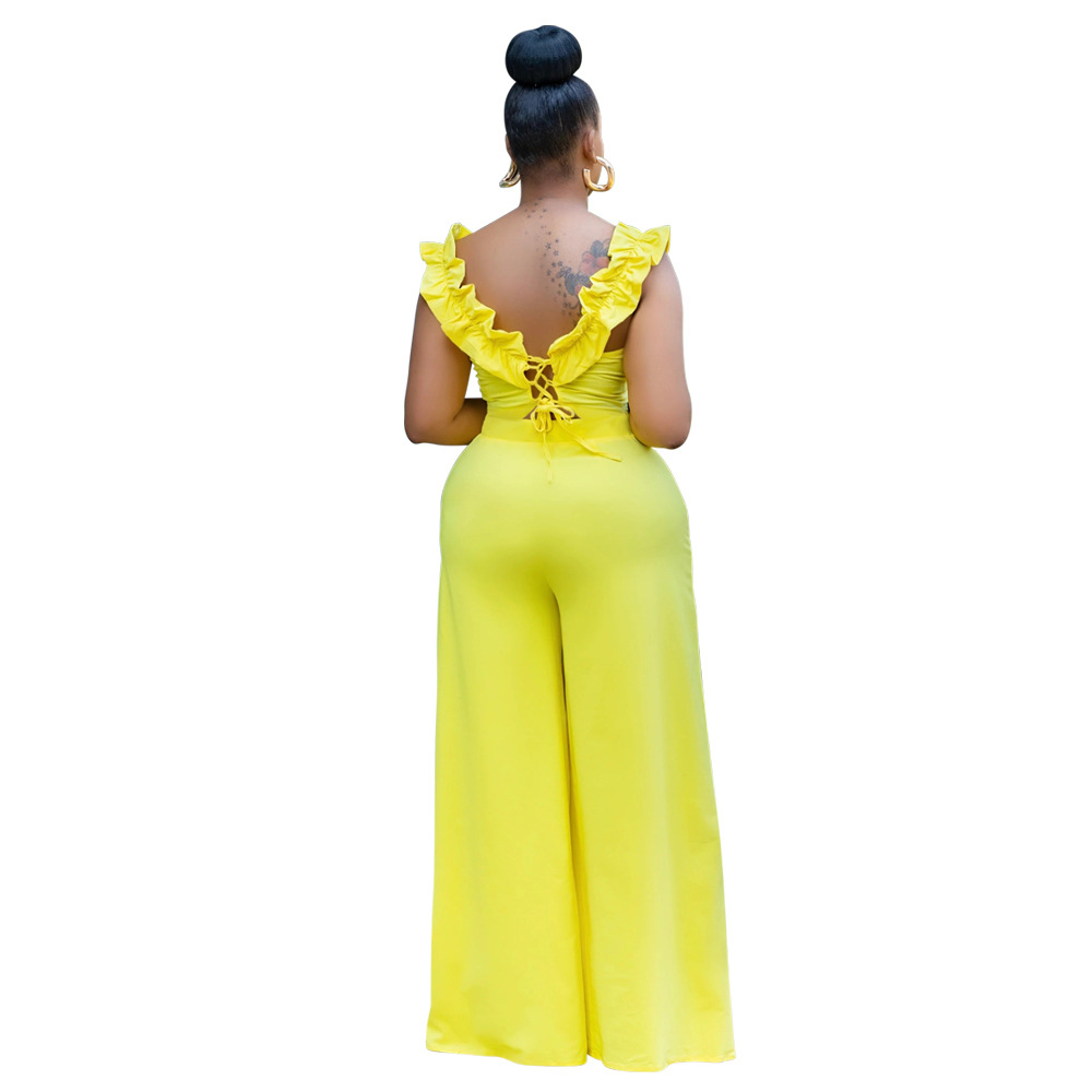 Elegant Women's One Shoulder Ruffled Slim Fit Jumpsuit Solid Colour_voghion.com