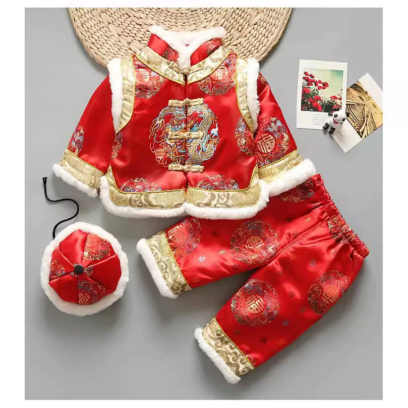 Зимний костюм Тан для малышей 2019 года, детская одежда из парчи, новогодний наряд в китайском стиле, милый этнический костюм