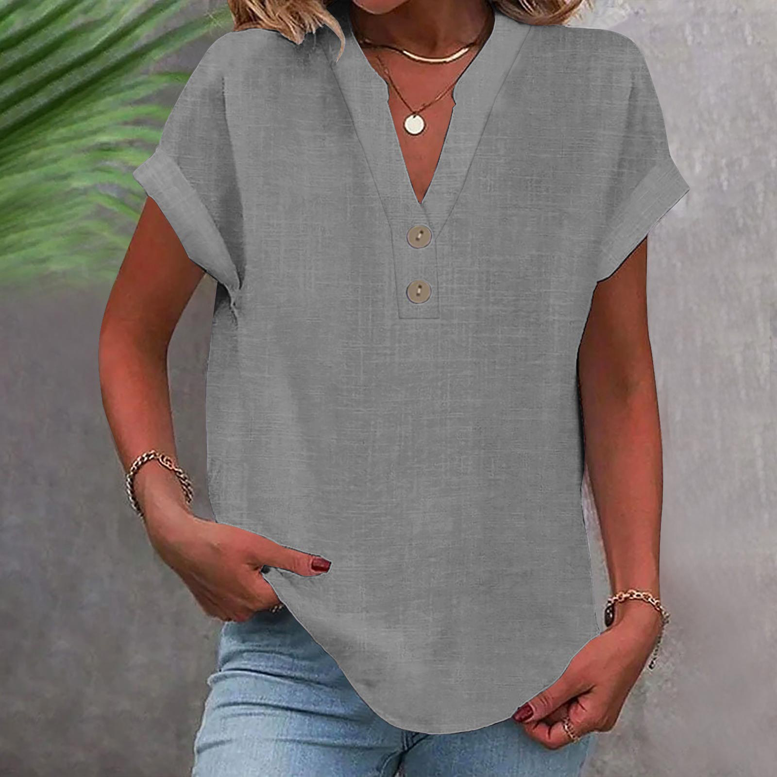 2025 European And American Summer Solid Color Stand Collar Button Short Sleeve Women's Shirt_ecoleips.com