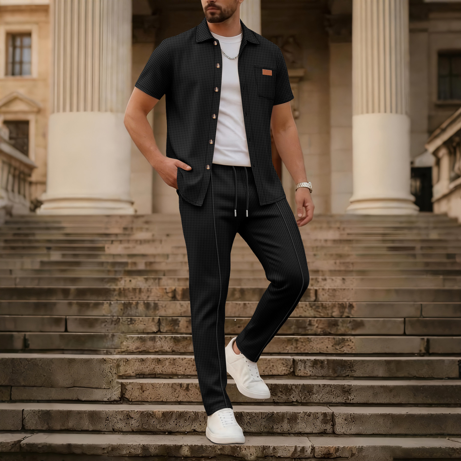 Breathable Waffle-Knit Lounge Set – Short Sleeve Shirt & Long Pants (S-XXXL, 6 Neutral Colors For Men & Women)_voghion.com