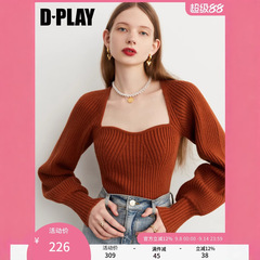 DPLAY2025秋季法式方领毛衣红色针织衫灯笼袖毛衣厚款上衣女