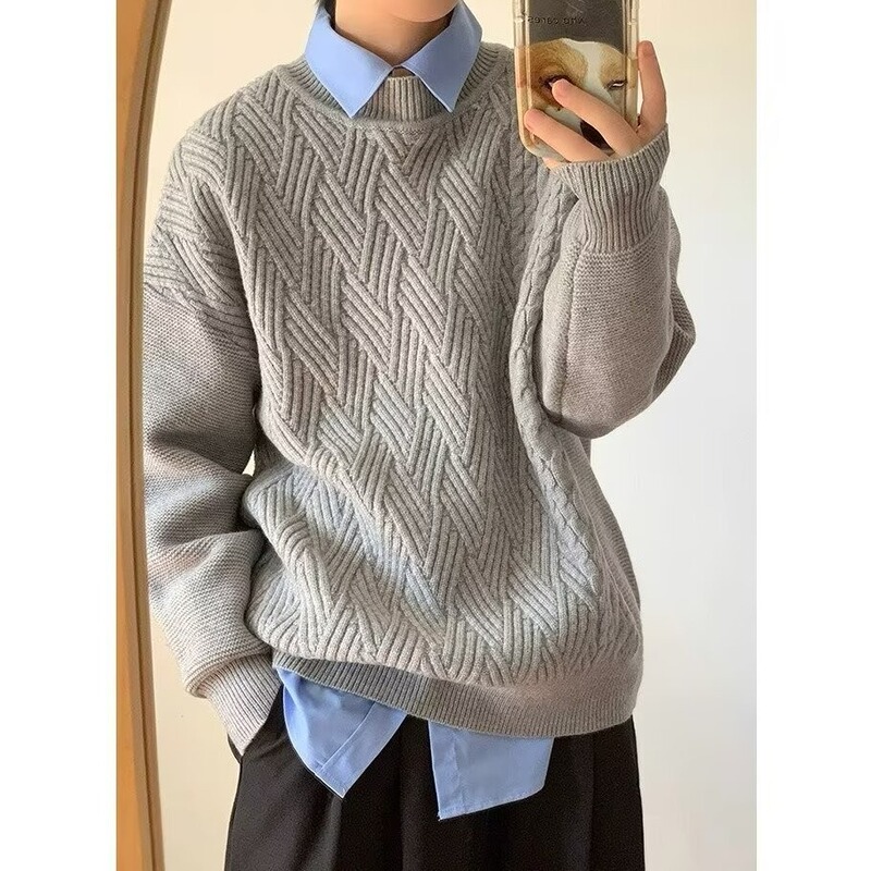 Teenagers Autumn Washed Loose Daily Fashionable Clean Boyfriend Wear Solid Color Round Neck Knit Half High Collar