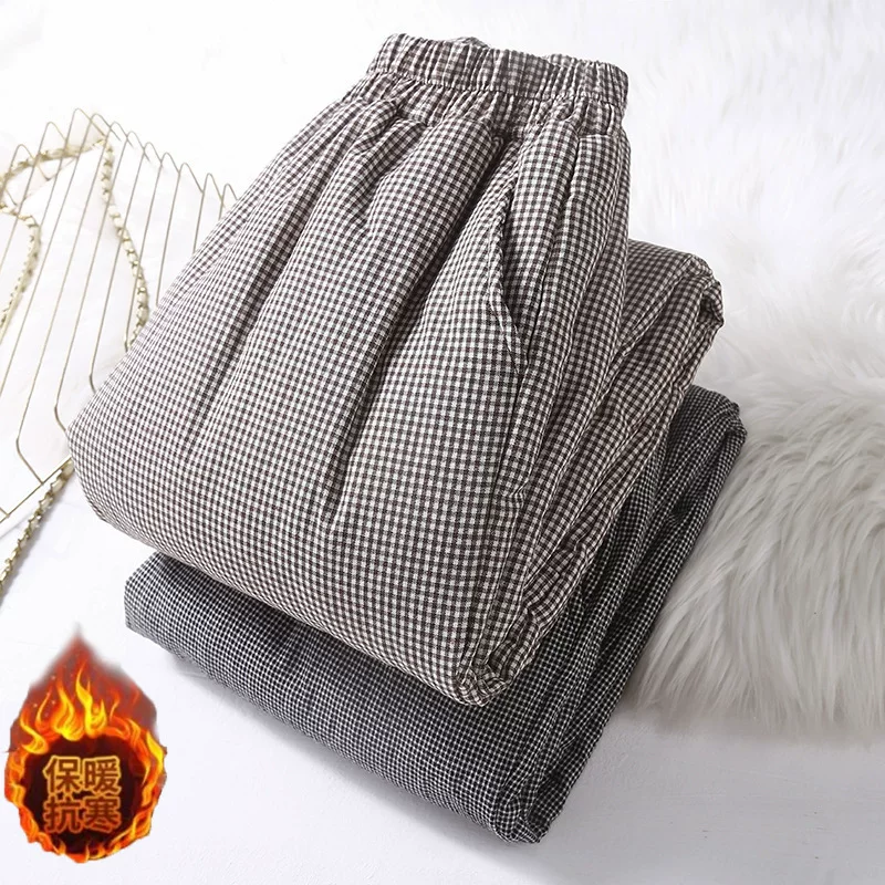 Утепленные армированные брюки из хлопково– linen смеси, эластичный пояс, тёплые набивные, черный/ коричневый