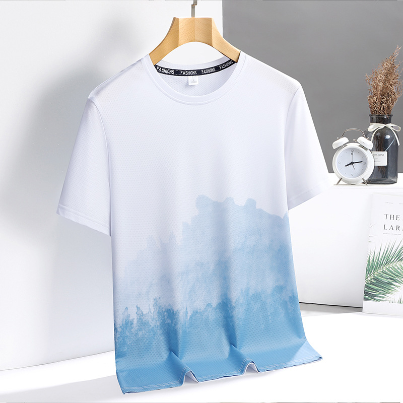 Camiseta de manga corta de seda de hielo para hombres, aire acondicionado transpirable con estampado de verano, secado rápido, estiramiento, ocio, fresco, deportes, tops sueltos para hombres